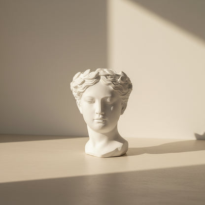 White marble bust  vase of a classical figure on a neutral background