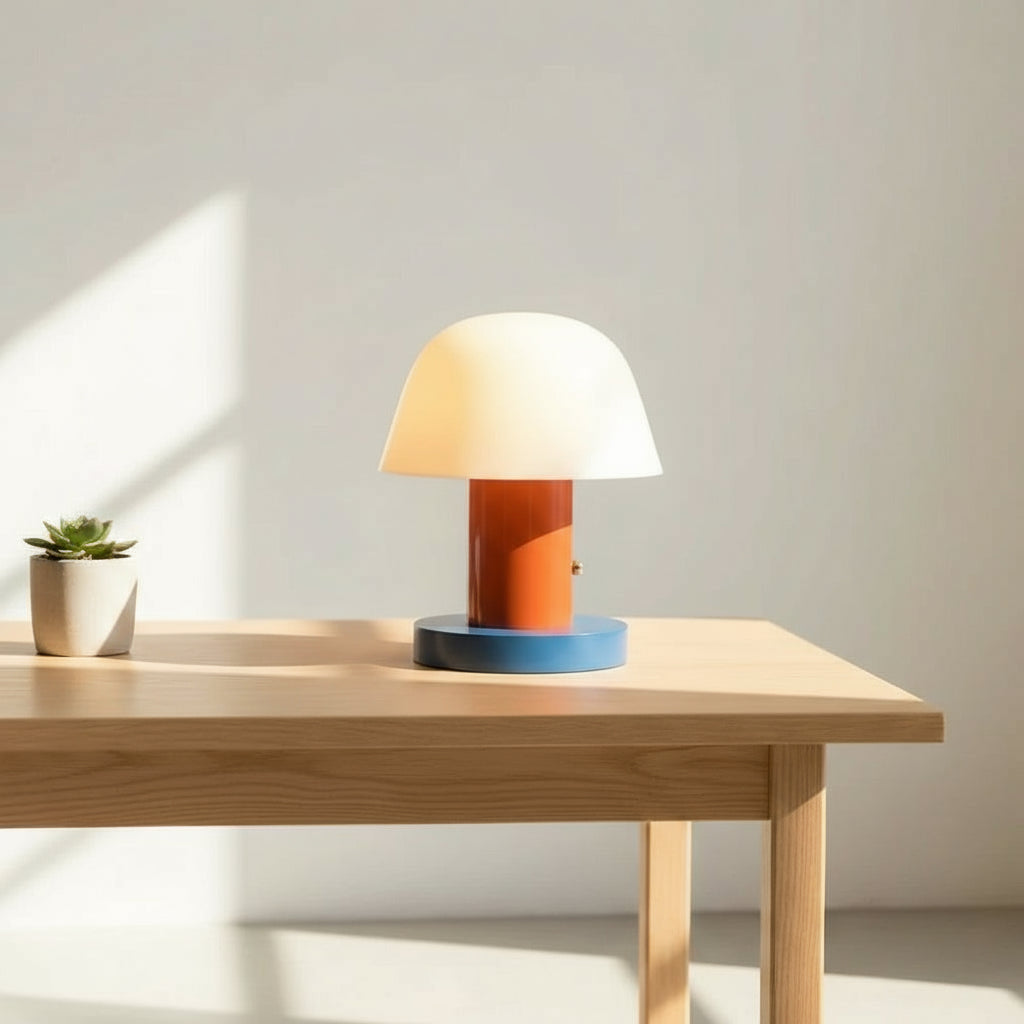 Table lamp with a white shade, orange base, and blue foot on a wooden table.