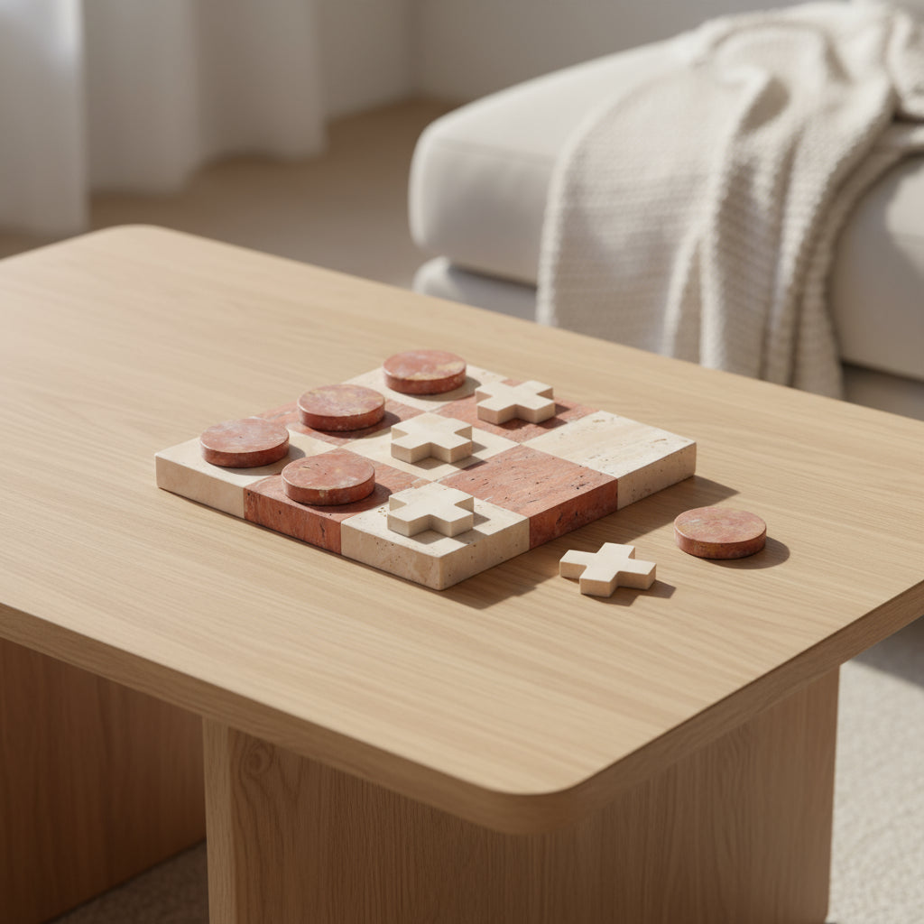 Marble Tic Tac Toe game set with pieces on a white background