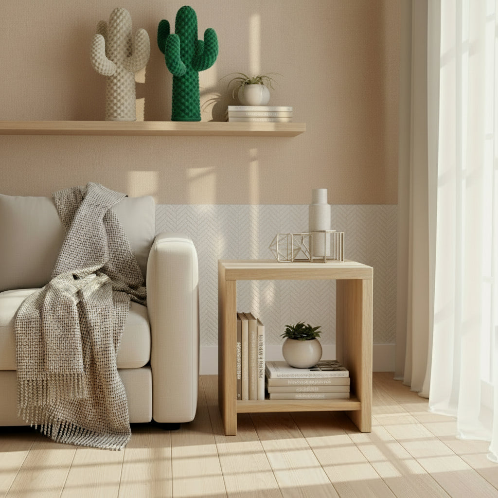 Two textured cactus-shaped objects on a light surface with a blurred background