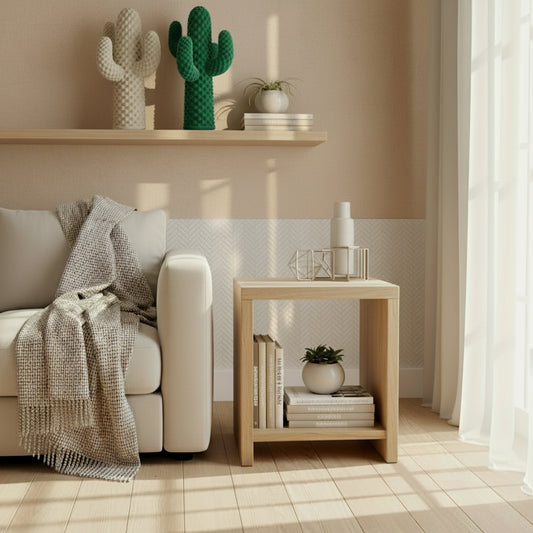 Two textured cactus-shaped objects on a light surface with a blurred background