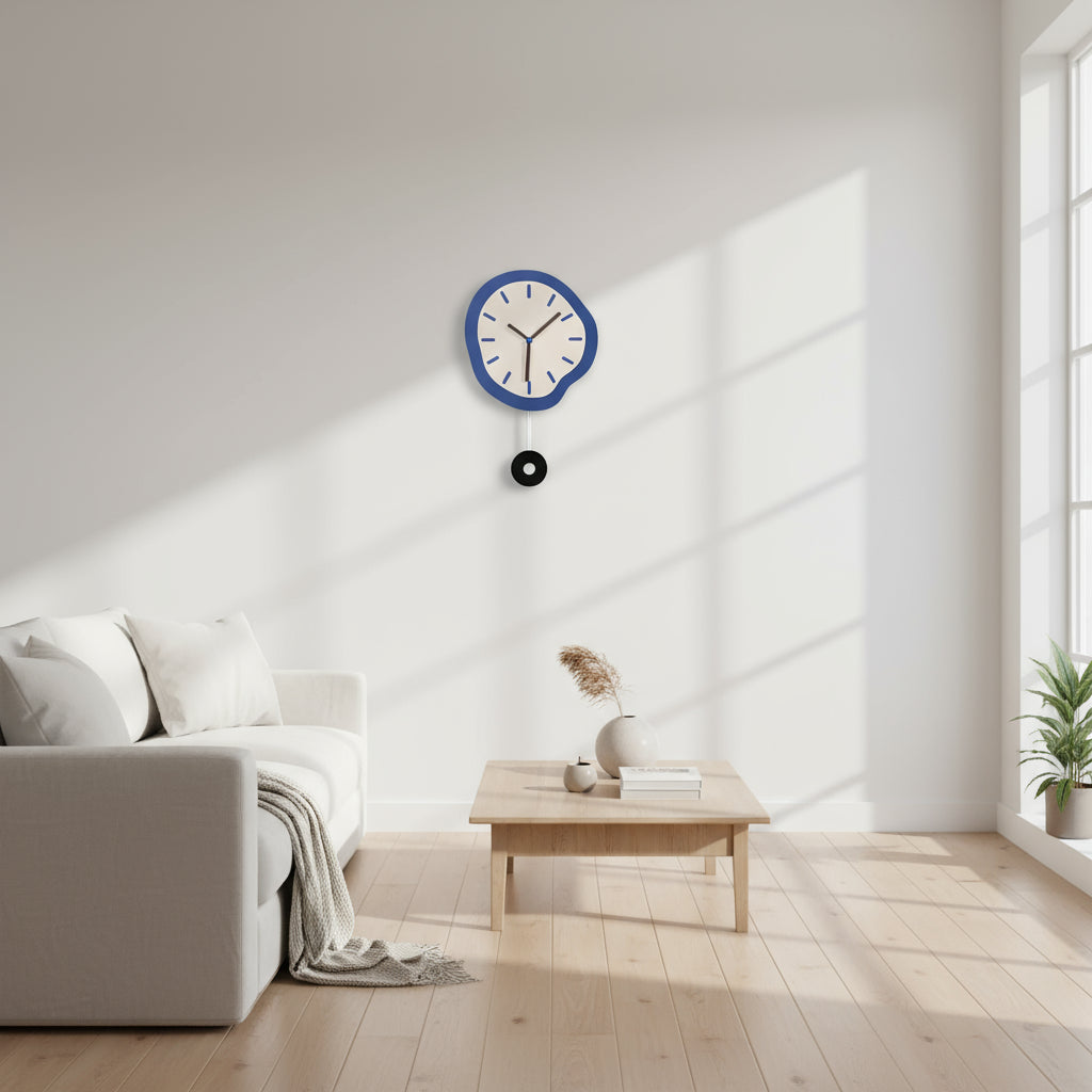 Wall clock with blue frame and pendulum on a white background