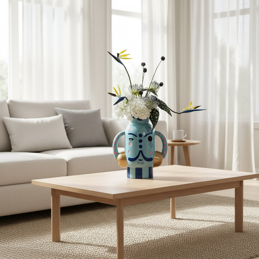 Decorative vase with a face design, flowers, on a modern living room