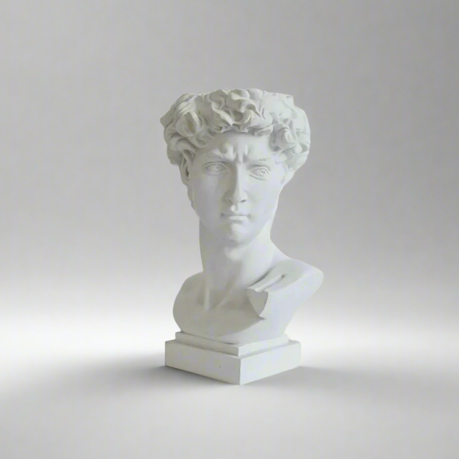 White resin bust vase of a classical David on a gray background