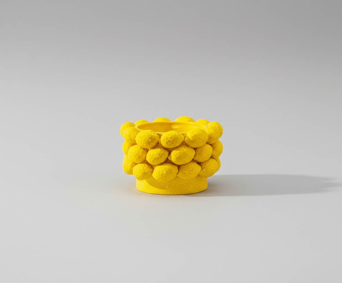 Yellow textured vase on a light gray background