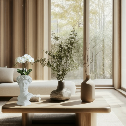 Modern living room with a wooden coffee table featuring decorative David bust vase and flowers, large windows with a view of trees.
